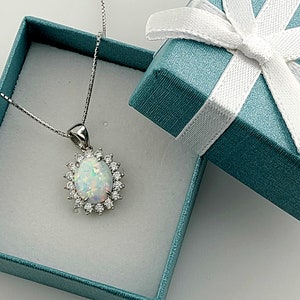 White Opal Necklace With White Sapphire Accents. 16 or 18&quot; Long .925 Sterling Silver