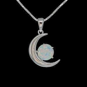 White Opal Half Moon Necklace. 16 or 18" Long .925 Sterling Silver.