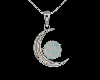 White Opal Half Moon Necklace. 16 or 18&quot; Long .925 Sterling Silver.