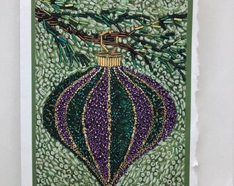 Pac of  5 cards: Green and Purple Bead Ornament