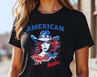 Western American Babe T-shirt, All American Babe Shirt, Country Girl 4th of July Graphic Tee, Patriotic Cowgirl Shirt