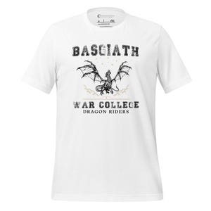 May include: White t-shirt with a black and white illustration of a dragon with the text "Basgiath War College Dragon Riders" printed on the front.