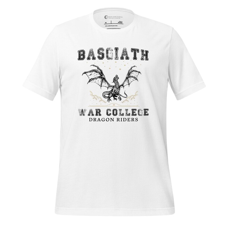 May include: White t-shirt with a black and white illustration of a dragon with the text "Basgiath War College Dragon Riders" printed on the front.