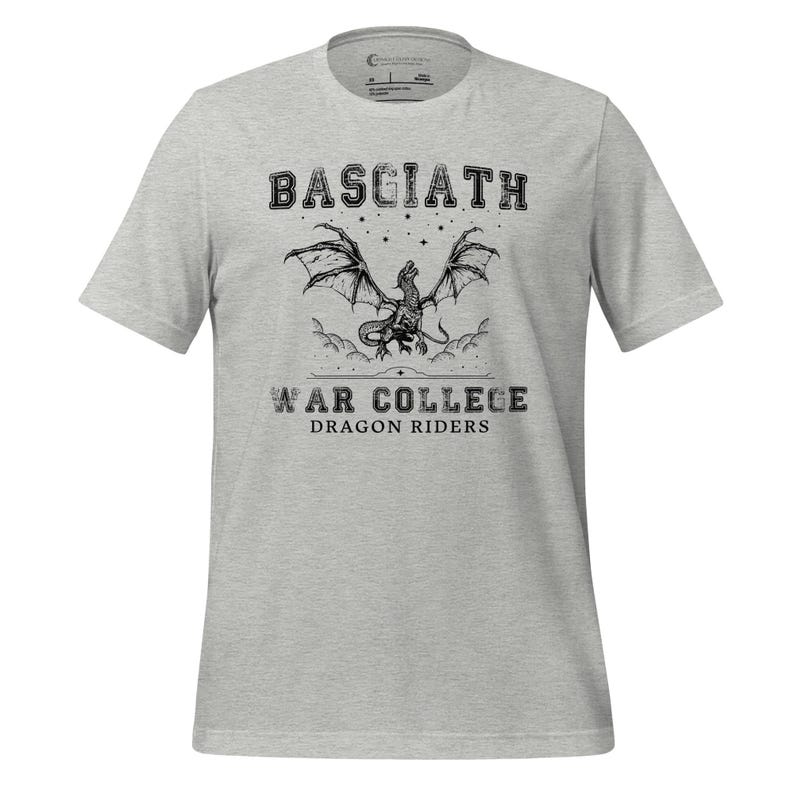 May include: A gray t-shirt with a black and white graphic of a dragon with the text "Basgiath War College Dragon Riders".