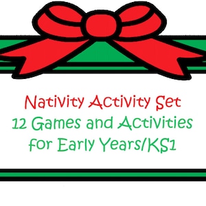 May include: A green gift box with a red bow and white text that reads "Nativity Activity Set 12 Games and Activities for Early Years/KS1"