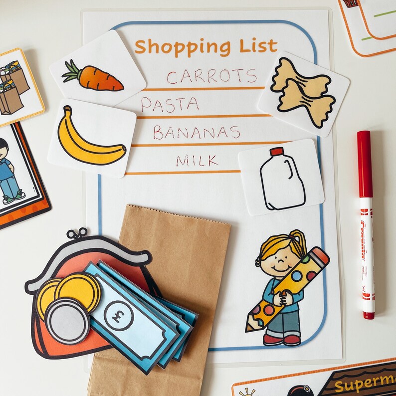 K&ouml;nnte beinhalten: Eine druckbare Einkaufsliste mit einem Bild von einer Karotte, Pasta, einer Banane, Milch und einer Geldb&ouml;rse mit M&uuml;nzen und Scheinen. Die Liste lautet "Shopping List", "Carrots", "Pasta", "Bananas" und "Milk".