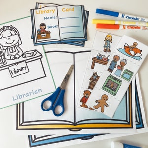 May include: A printable set of educational materials for children featuring a librarian, a library card, and a book with illustrations of a gingerbread man and a fox. The set includes a book with a gingerbread man and a fox, a library card, and a librarian.