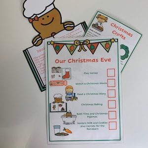 May include: A green and white printable checklist for Christmas Eve activities. The checklist includes activities like playing games, watching a Christmas movie, reading a Christmas story, Christmas baking, bath time, and Santa's milk and cookies.