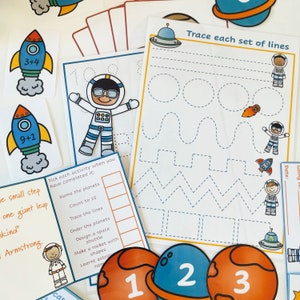 May include: A printable worksheet with a space theme. The worksheet includes tracing lines, counting, and ordering planets. The worksheet also includes a rocket, astronaut, and planets.