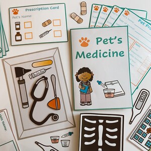 May include: A printable set of pet doctor themed play pretend cards. The cards feature a prescription card, a pet medicine card, a stethoscope, a thermometer, an x-ray, and a medicine bottle. The cards are designed to help children learn about pet care and medicine.