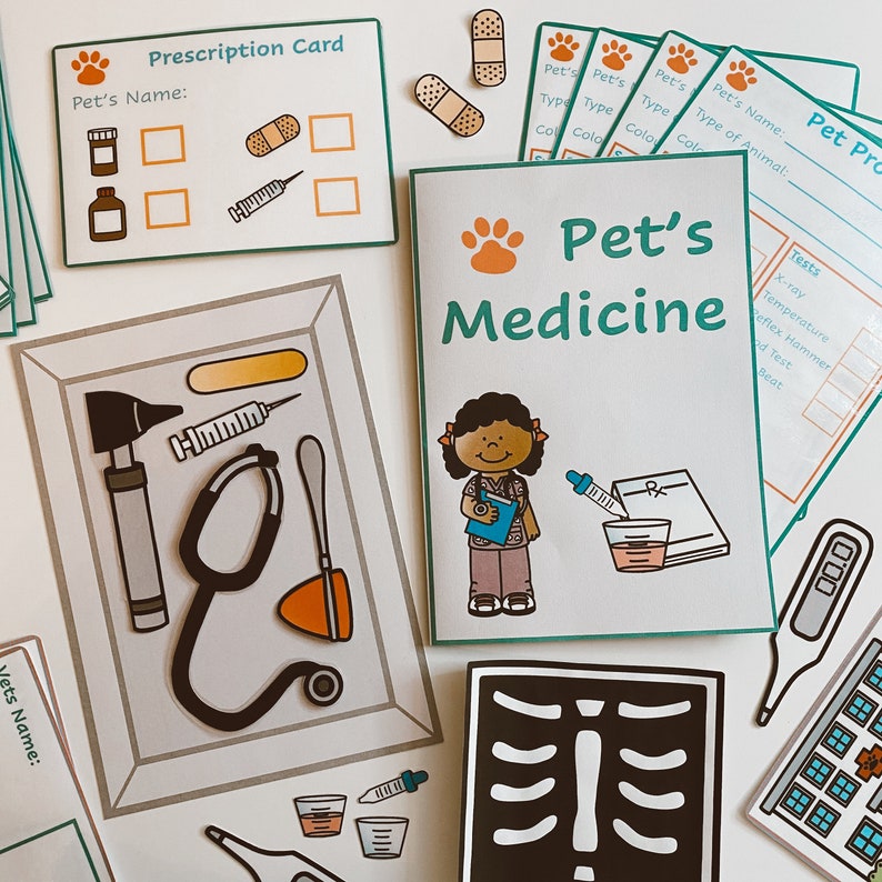 May include: A printable set of pet doctor themed play pretend cards. The cards feature a prescription card, a pet medicine card, a stethoscope, a thermometer, an x-ray, and a medicine bottle. The cards are designed to help children learn about pet care and medicine.