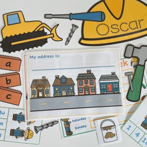 May include: A printable worksheet for kids featuring a yellow bulldozer, a construction worker, and a row of houses. The worksheet includes a section for writing an address, a calendar with the days Saturday and Sunday, and a number chart.