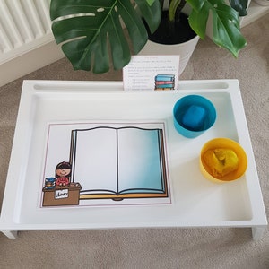 May include: A white tray with a blue and yellow play dough container, a blue container with blue play dough, and a printed sheet with a picture of a library and an open book. The text on the sheet reads "The Library. Can you whisper like you are in the library? What is your favourite story? Make a picture from your favourite part in the book on your mat. Make a picture from your favourite part in the book on your mat. - A process story. - A rhyme story. - A jump story. - A super hero story."