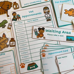 May include: A printable set of play pretend vet appointment cards for kids. The cards feature a waiting area sign, a pet passport, an appointment card, a vet appointment schedule, and a pet profile. The cards are decorated with paw prints and other cute animal illustrations.