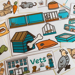 May include: A colorful illustration of a veterinarian's office with a variety of animals, including a rabbit, a cat, a dog, a bird, and a mouse. The illustration includes a dog house, a bed, a cage, and a bowl of food. The text "Vets" is written in green letters on a white background.
