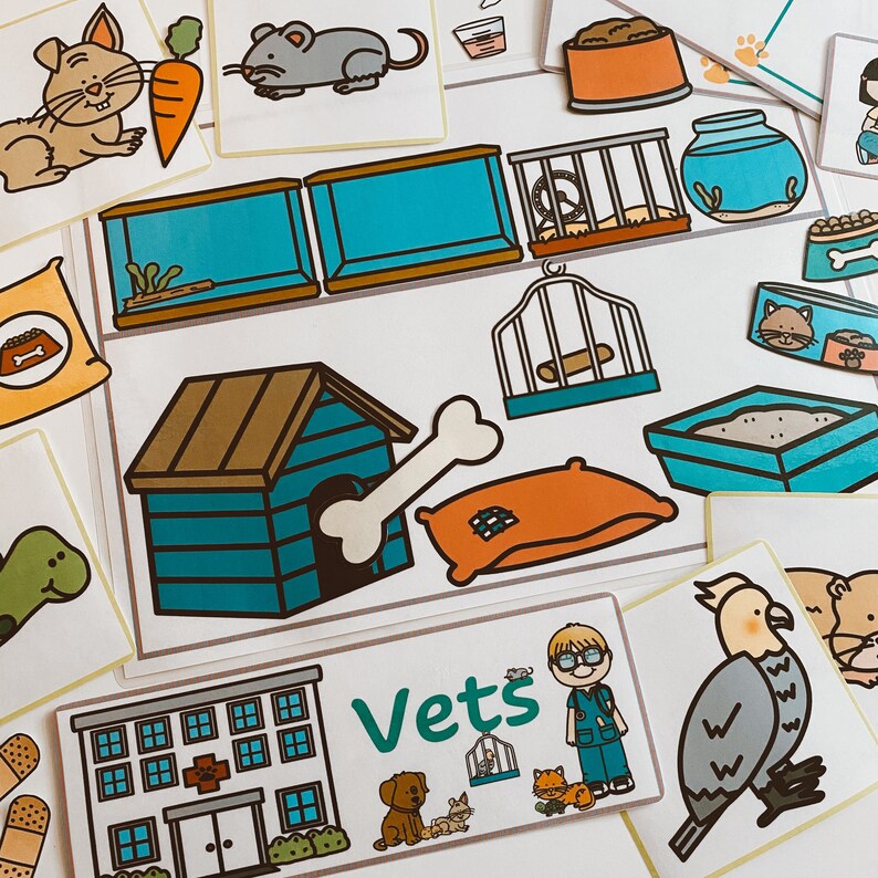 May include: A colorful illustration of a veterinarian's office with a variety of animals, including a rabbit, a cat, a dog, a bird, and a mouse. The illustration includes a dog house, a bed, a cage, and a bowl of food. The text "Vets" is written in green letters on a white background.