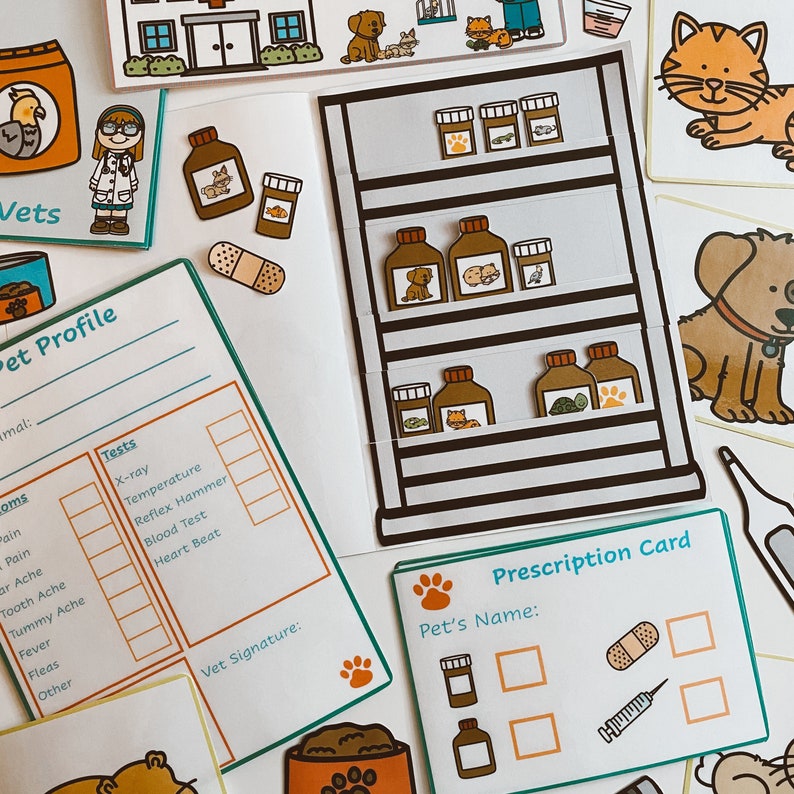 May include: A printable pet profile and prescription card for a veterinarian's office. The profile includes a section for tests, symptoms, and a vet signature. The prescription card has a space for the pet's name and includes icons for medication, bandages, and a syringe.