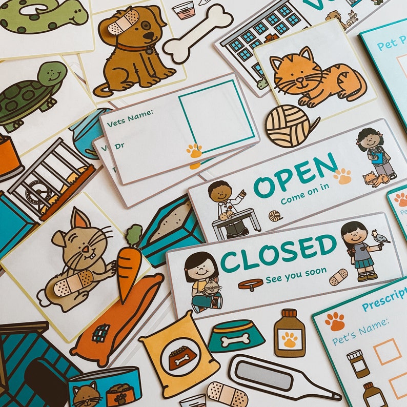 May include: A set of colorful printable cards for a pet clinic or veterinary office. The cards feature illustrations of animals, a vet, and a building. The cards include the text "Open Come on in" and "Closed See you soon".