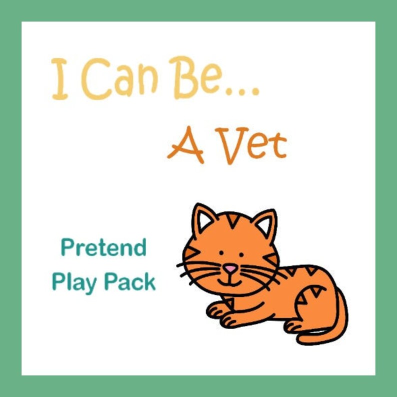 May include: A pretend play pack for kids who want to be a vet. The pack features a cartoon orange cat with black stripes and a white face.