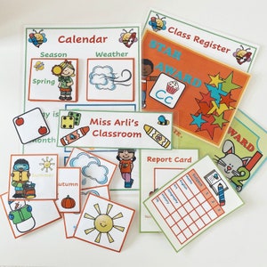 May include: A set of colorful classroom organization charts and cards. The charts include a calendar, class register, and report card. The cards feature images of seasons, weather, and classroom activities. The text on the charts includes "Calendar", "Season", "Weather", "Class Register", "STAR AWARD", "Miss Arli's Classroom", "Report Card", and "Subject".