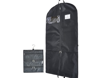 Waterproof Garment Bag with Accessory Pouch - 52" Clothes Bag, 3" Gusset, 4 Pockets & Side Zip for Costumes and Accessories - Raven Black