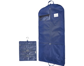 Waterproof Garment Bag with Accessory Pouch - 52" Clothes Bag with 3" Gusset, 4 Pockets & Side Zip for Costumes and Accessories - Navy Blue