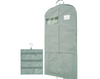 Waterproof Garment Bag with Accessory Pouch - 52" Clothes Bag with 3" Gusset, 4 Pockets & Side Zip for Costumes and Accessories - Moss Green