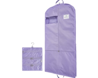 Waterproof Garment Bag with Accessory Pouch - 52" Clothes Bag, 3" Gusset, 4 Pockets & Side Zip for Costumes and Accessories - Lilac Purple