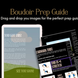 Könnte beinhalten: Ein digitales Tablet, das einen "Boudoir Prep Guide" mit dem Text "You Got This!" und anderem Text anzeigt. Das Bild zeigt auch ein gedrucktes Dokument mit dem Text "Earmark This!" und "This is #1 Stretch". Der Hintergrund ist schwarz.