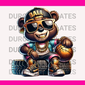 Osito de peluche de hip hop PNG, ropa de baloncesto divertida, orgullo negro PNG, descarga digital PNG, plantilla JPEG de sublimación,