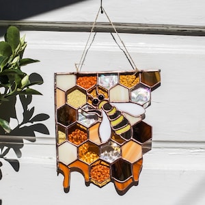 Honeycomb Stained Glass Suncatcher: Bee Window Hanging