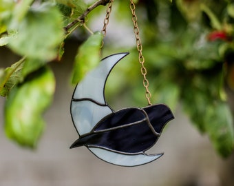 Stain glass black pigeon suncatcher-Moon Suncatcher-Suncatcher window hanging