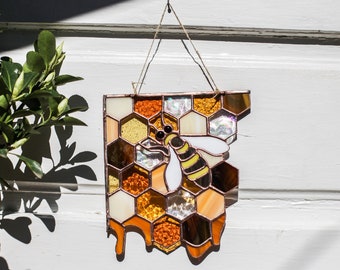 Honeycomb Stained Glass Window Hangings | Stained Glass Corner | Honeycomb Bee Suncatcher | Amber Honeycomb | Insect Art | Spring Home Décor