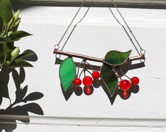 Cherries Branch Stained Glass,Red Cherry Stained Glass, Leaves Window Corner Hanging Suncatcher Ornament, Housewarming Gift