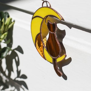 Moon Cat Stained Glass – Handmade Magical Suncatcher, Colorful Window Decoration