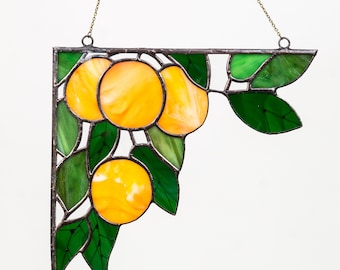 Stained Glass Orange Suncatcher: Leaves Window Corner Ornament