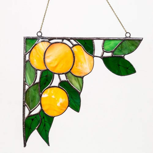 Stained Glass Orange Suncatcher: Leaves Window Corner Ornament