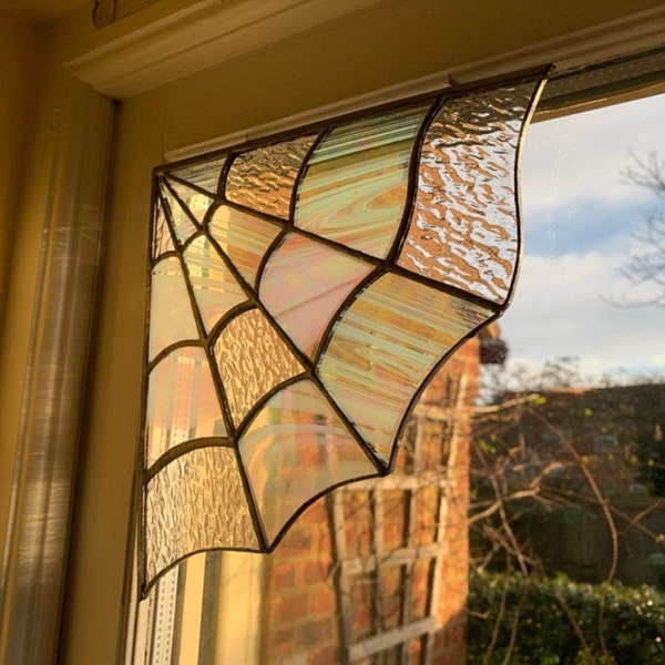 Stained Glass Spider Web Corner Decor - Nature Inspired Window Art