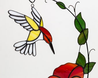 Handmade Stained Glass Bird with Flower: Nature Art