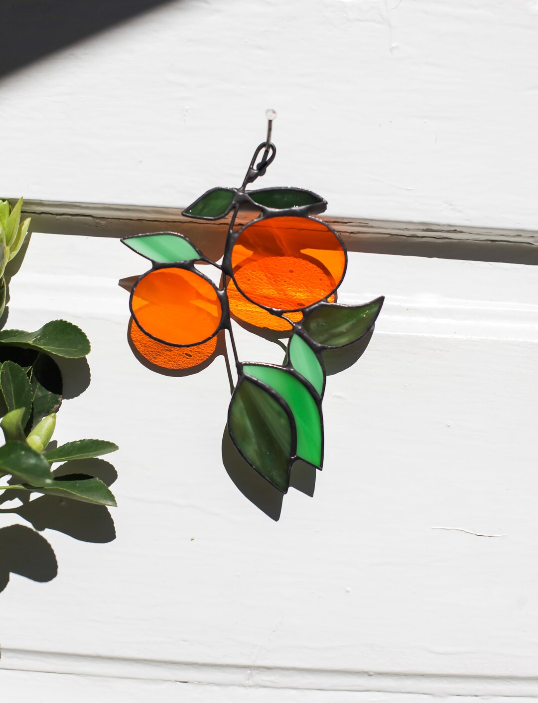 Orange Branch Stained Glass,stain Glass Ornament, Leaves Window Corner Hanging Suncatcher