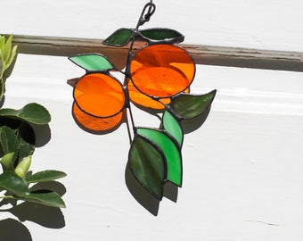 Orange Branch Stained Glass,STAIN Glass Ornament, Leaves Window Corner Hanging Suncatcher Ornament, Housewarming Gift