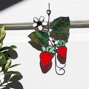 Strawberry Branch Stained Glass Suncatcher: Window Ornament