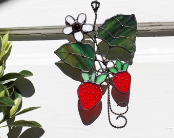 Strawberry Branch Stained Glass,STAIN Glass Ornament, Leaves Window Corner Hanging Suncatcher Ornament, Housewarming Gift