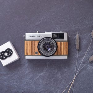 Olympus Trip 35 Vintage 35mm Film Camera | Zebra Wood Veneer × Olive Line Edition | Handmade Strap | Made to Order | Gift Packaging