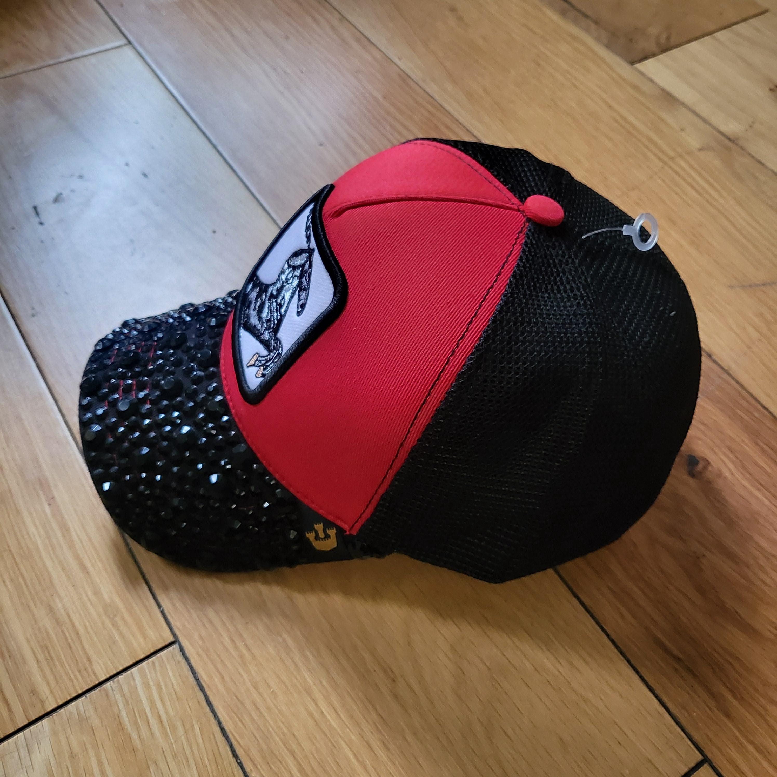 Handmade Black & Red Rhinestone Baseball Cap With Stallion  display picture 2