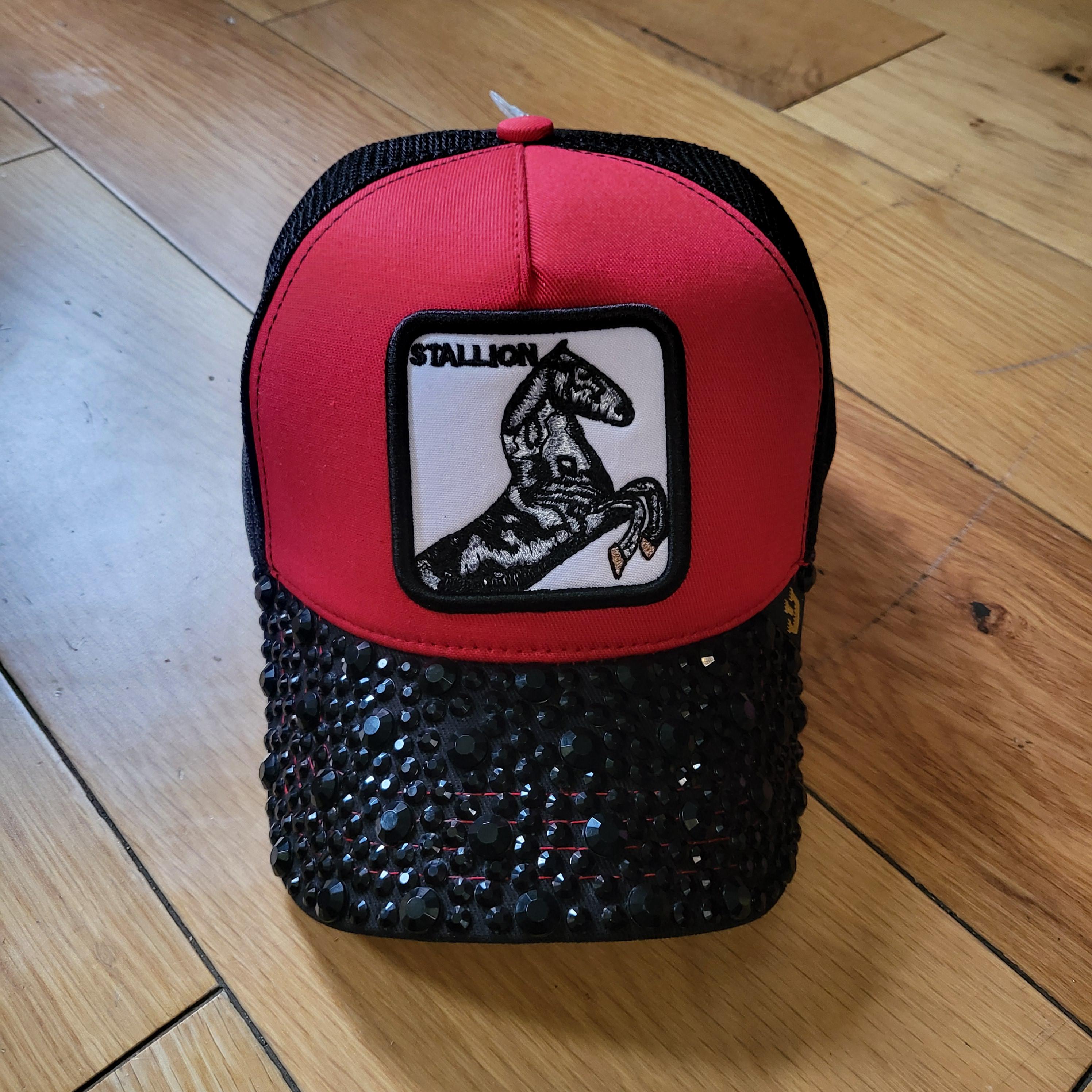 Handmade Black & Red Rhinestone Baseball Cap With Stallion  display picture 1