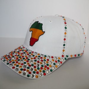 White Rhinestone Embellished Bling Baseball Cap with Africa Emblem