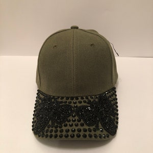 Army Green Bling Baseball Cap with Black Rhinestone Embellishments and Black Bee Emblems