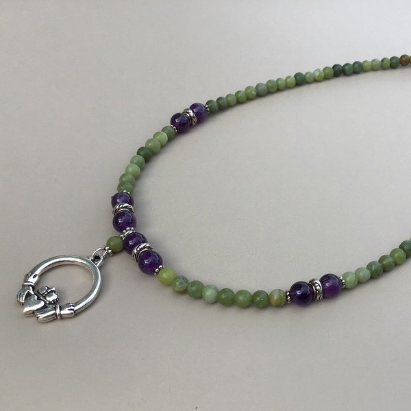 Connemara Marble and Amethyst Claddagh Necklace