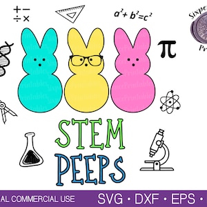 May include: A digital graphic featuring three bunny-shaped characters in blue, yellow, and pink, with STEM-related icons. The text "STEM PEEPS" is displayed in green and blue. Additional text includes "PHYSICAL COMMERCIAL USE" and file type information.